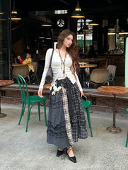 Black Mixed Plaid Patchwork Skirt