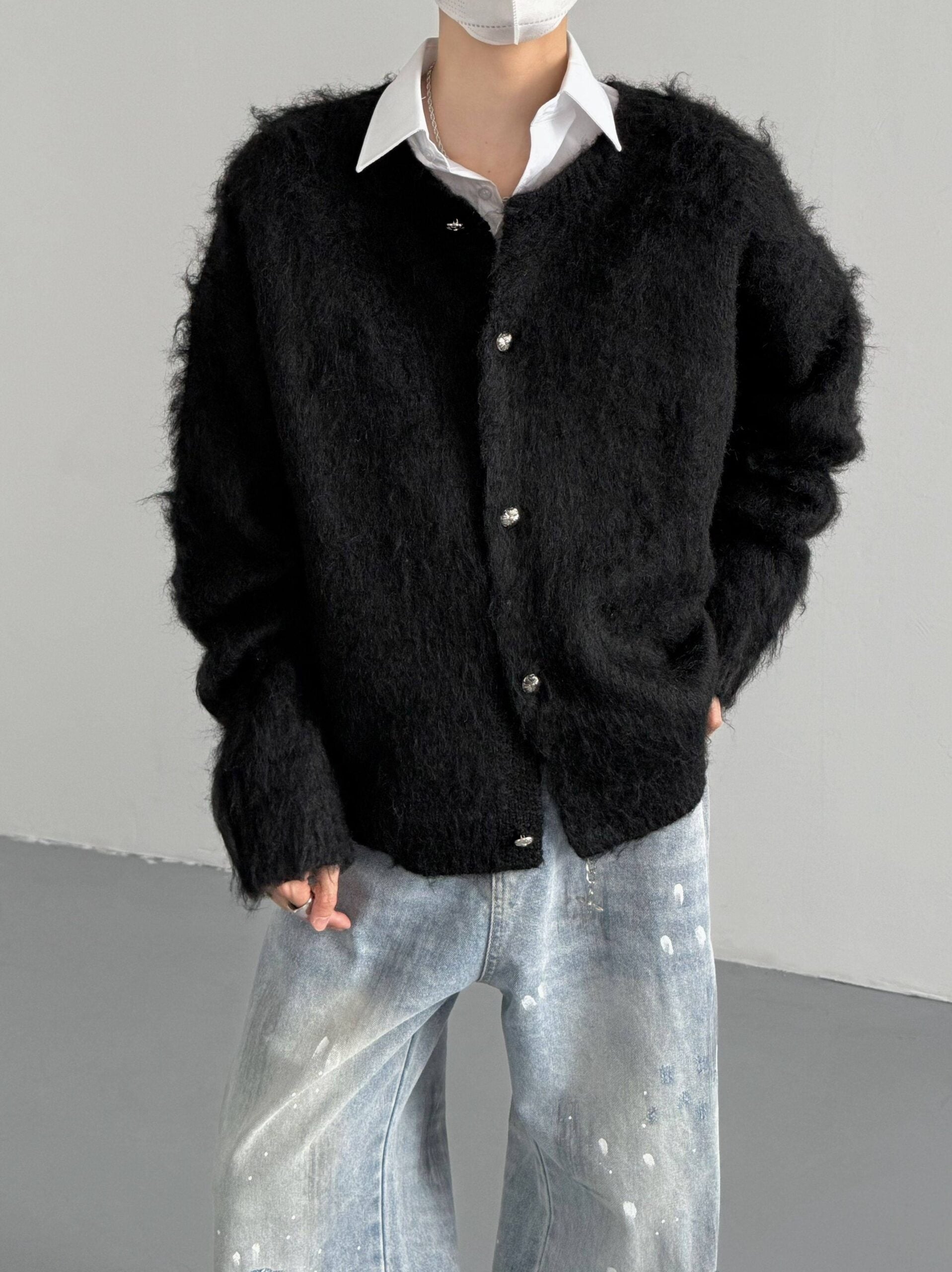 Black Mohair Button-Down Cardigan