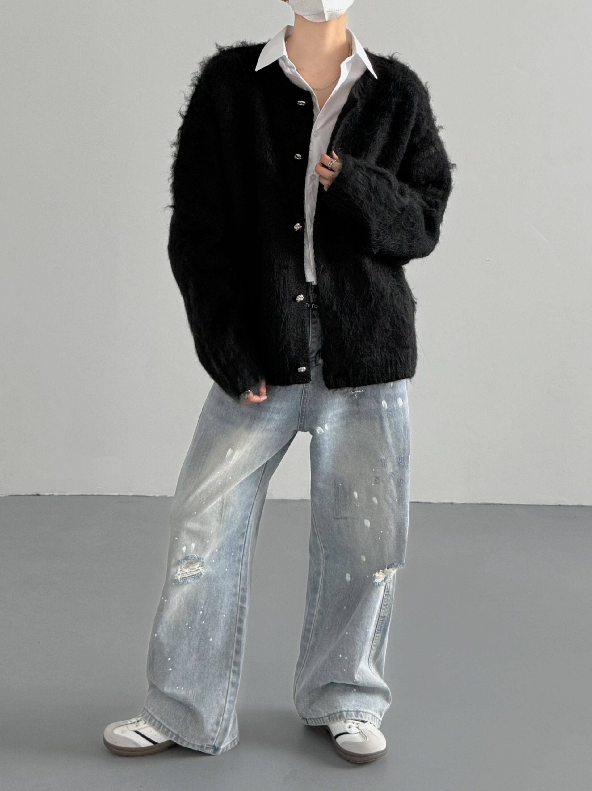 Black Mohair Button-Down Cardigan