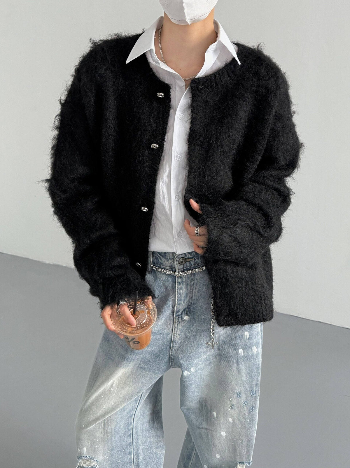 Black Mohair Button-Down Cardigan