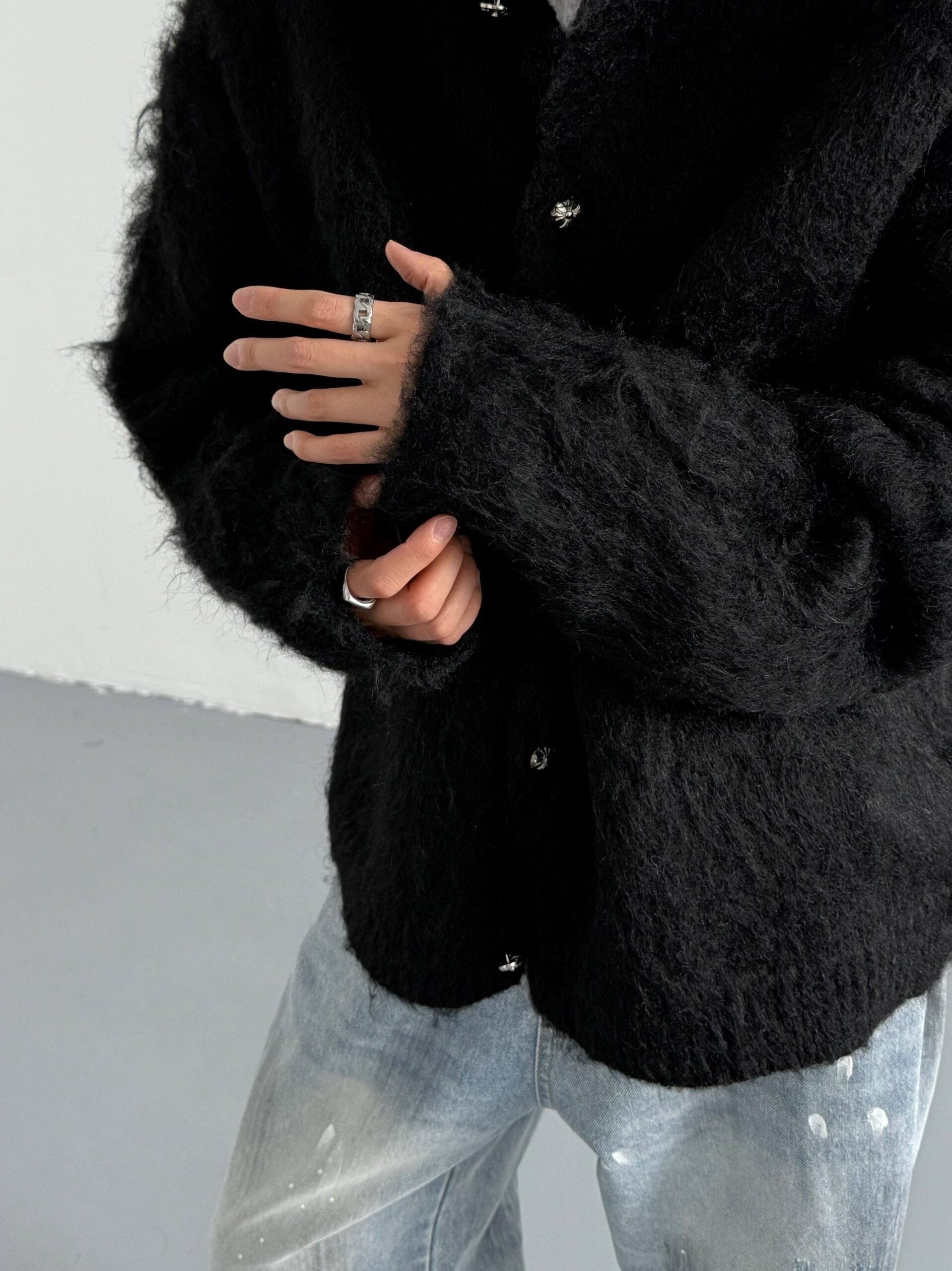 Black Mohair Button-Down Cardigan