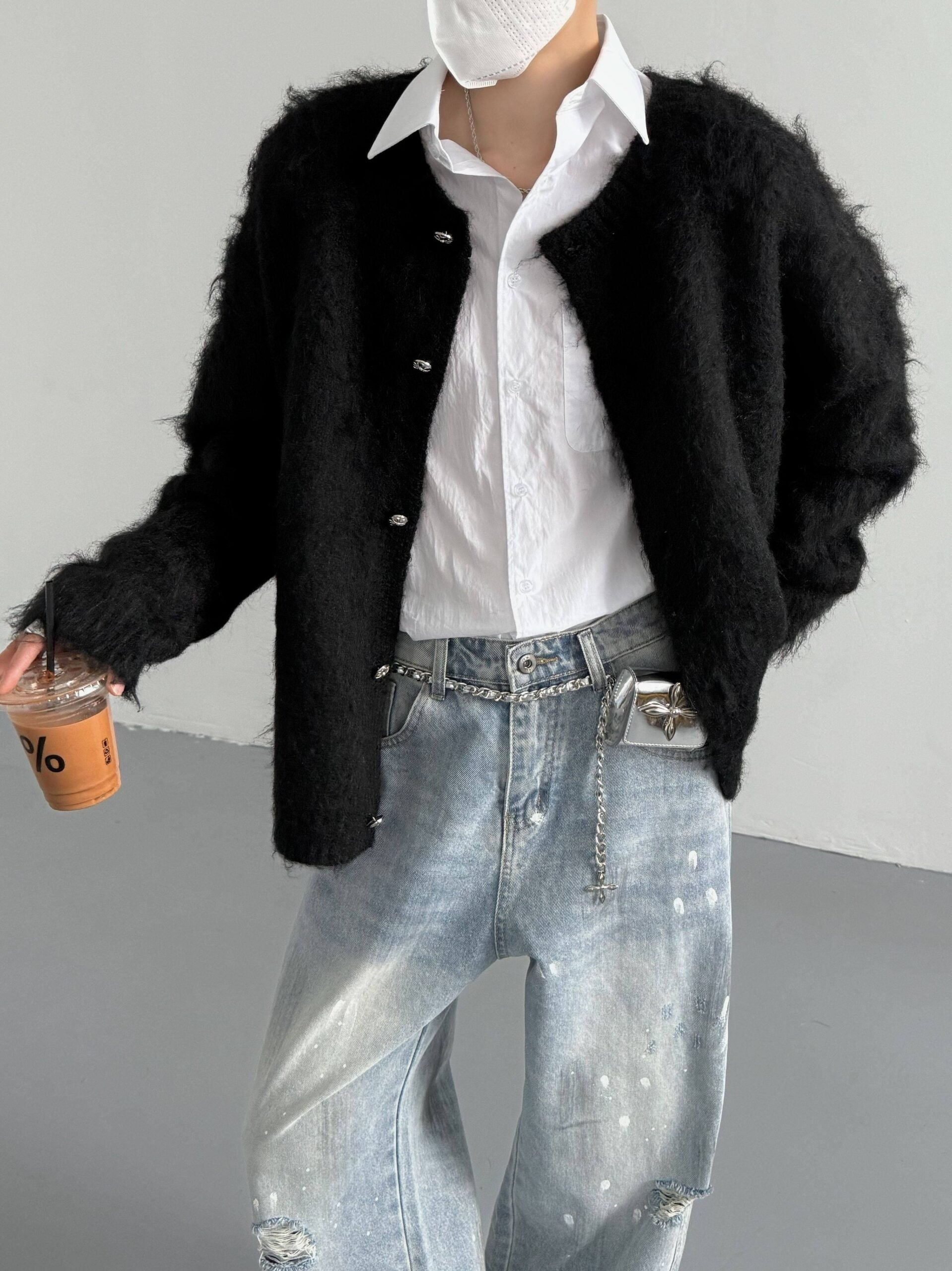 Black Mohair Button-Down Cardigan