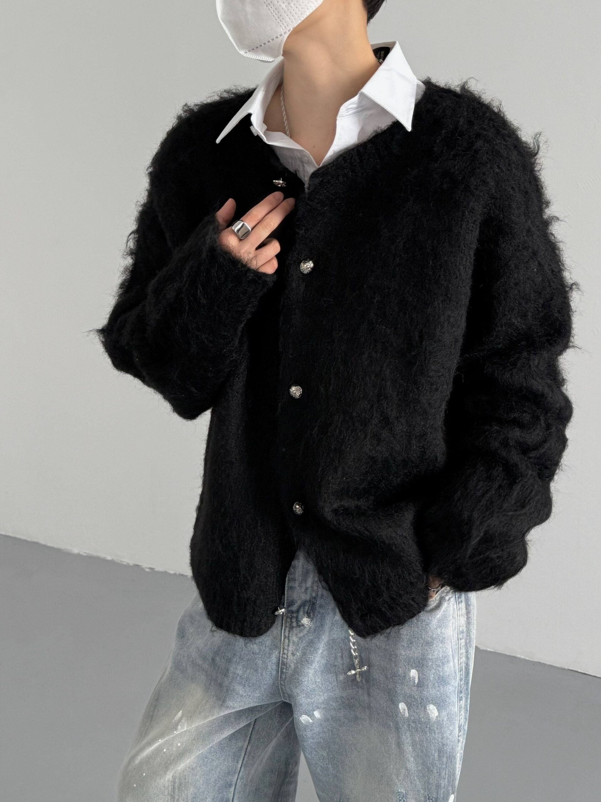 Black Mohair Button-Down Cardigan