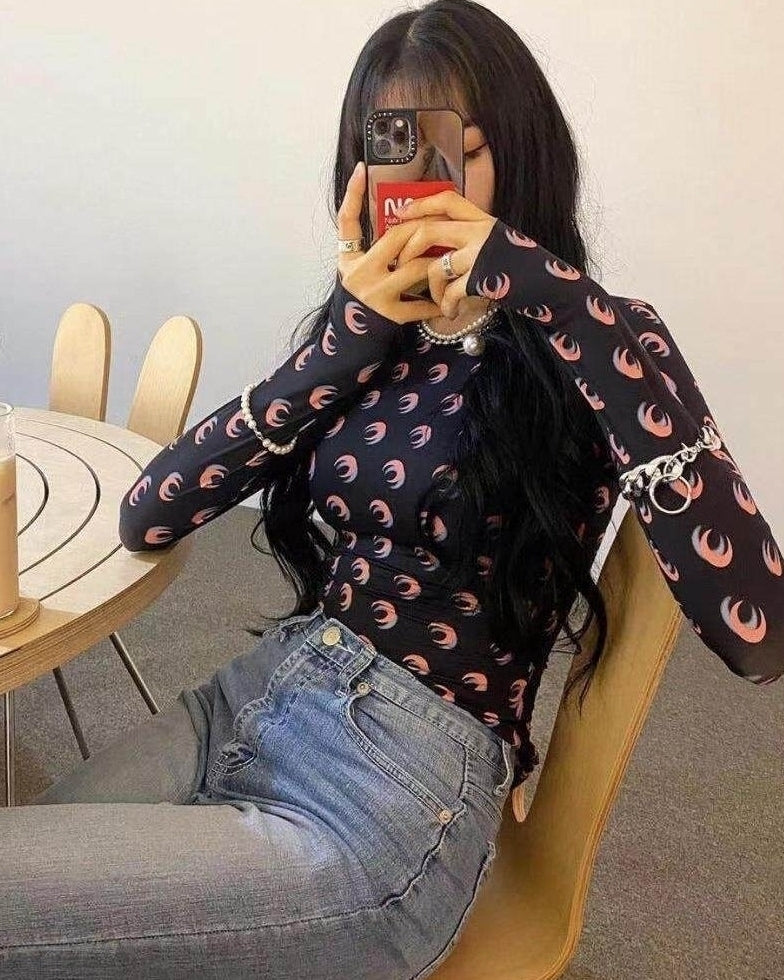 Black Moon Print Long Sleeves Top