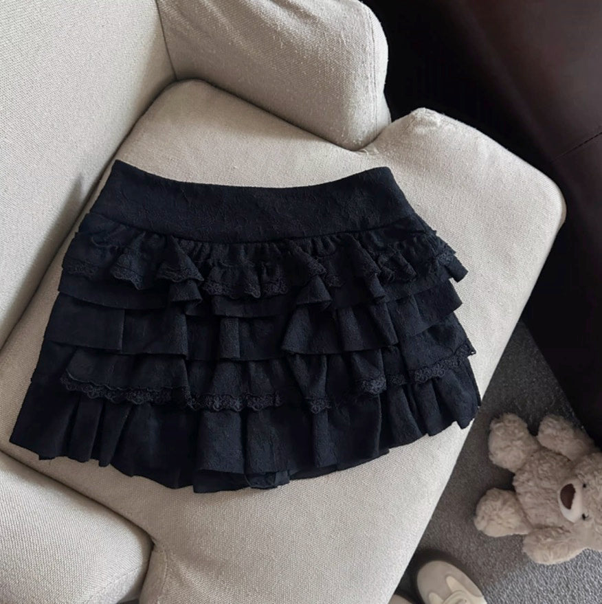 Black Multi-Layer Ruffles Mini Skirt