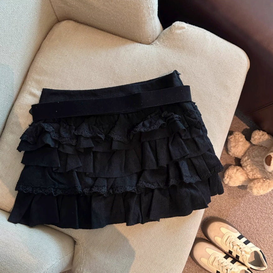 Black Multi-Layer Ruffles Mini Skirt