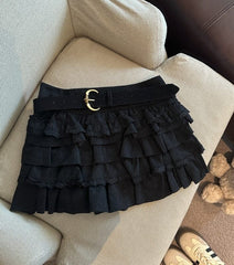 Black Multi-Layer Ruffles Mini Skirt
