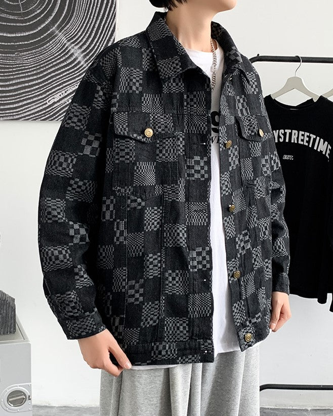 Black Multi-Patterned Checkered Denim Jacket