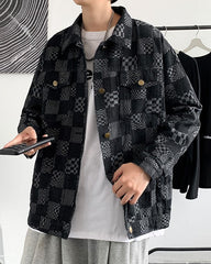 Black Multi-Patterned Checkered Denim Jacket