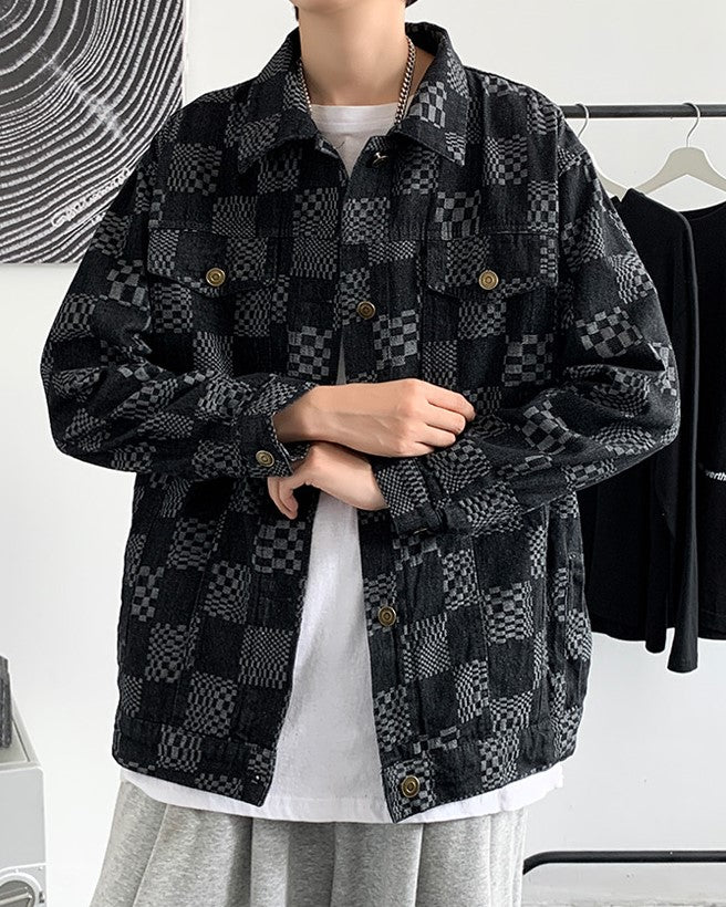 Black Multi-Patterned Checkered Denim Jacket