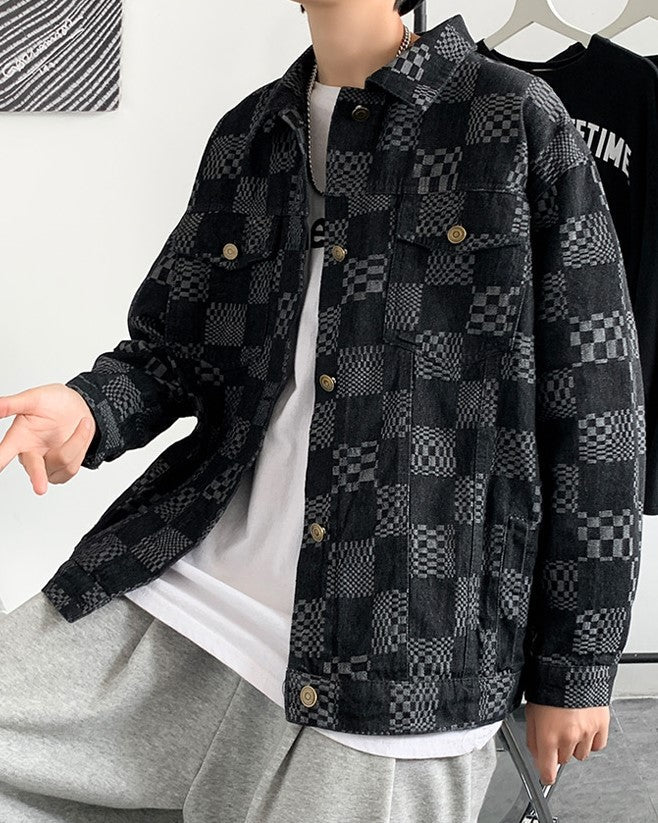 Black Multi-Patterned Checkered Denim Jacket