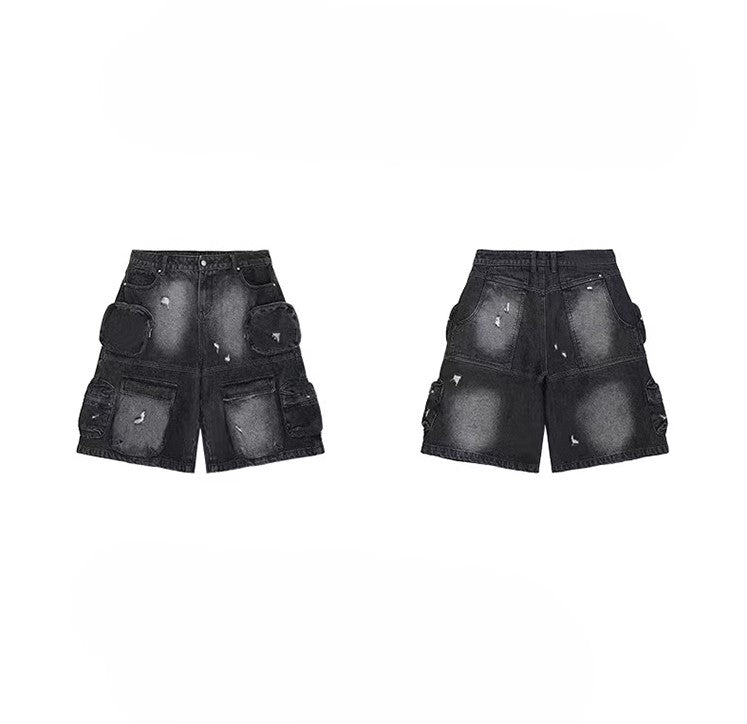 Black Multi-Pockets Cargo Shorts