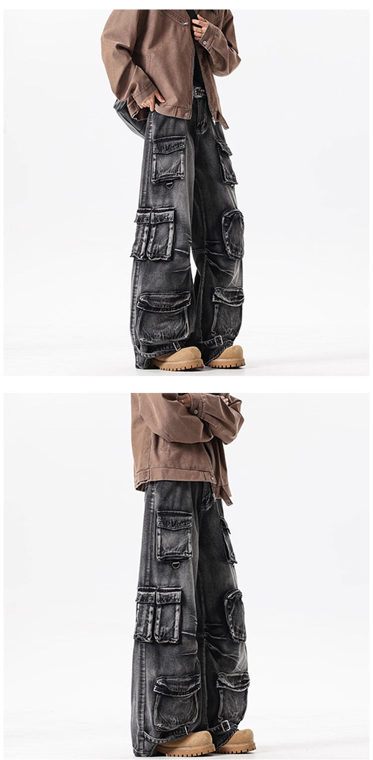 Black Multi-Pockets Wide Leg Jeans