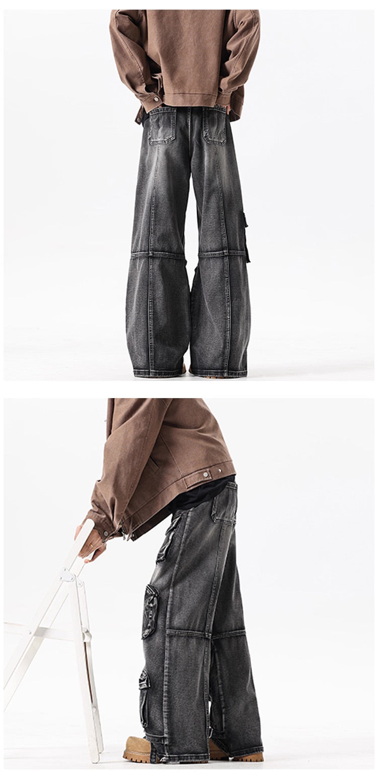 Black Multi-Pockets Wide Leg Jeans