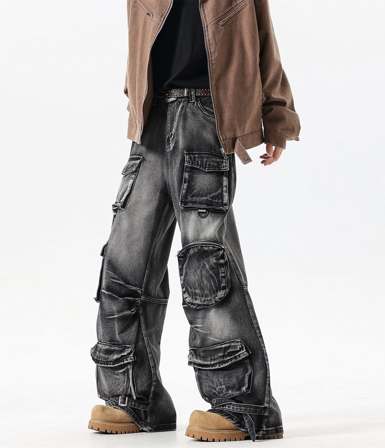 Black Multi-Pockets Wide Leg Jeans