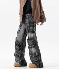 Black Multi-Pockets Wide Leg Jeans