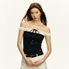 Black Off-Shoulder Button-Front Top
