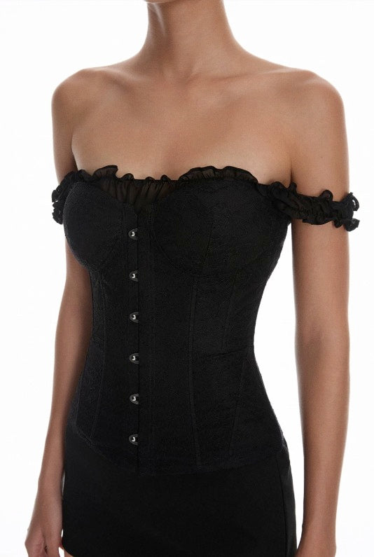 Black Off-Shoulder Buttoned Corset Top