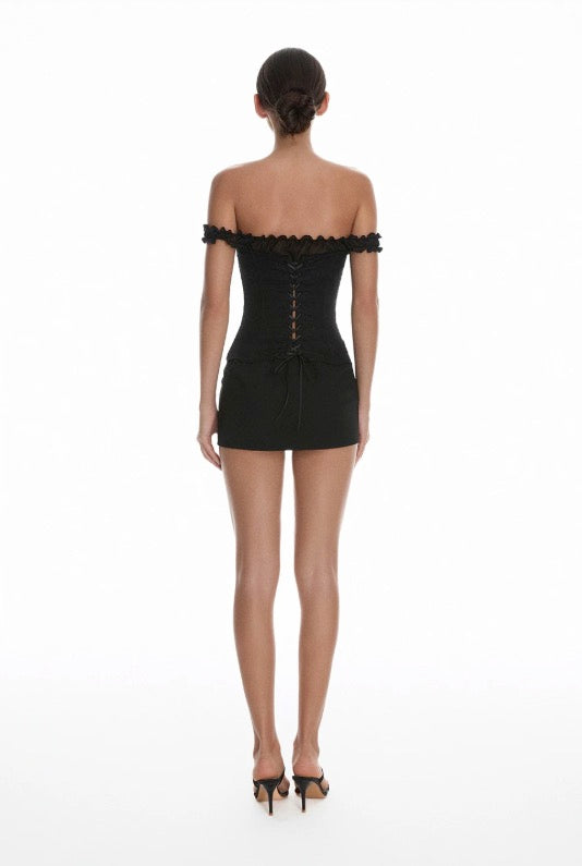 Black Off-Shoulder Buttoned Corset Top