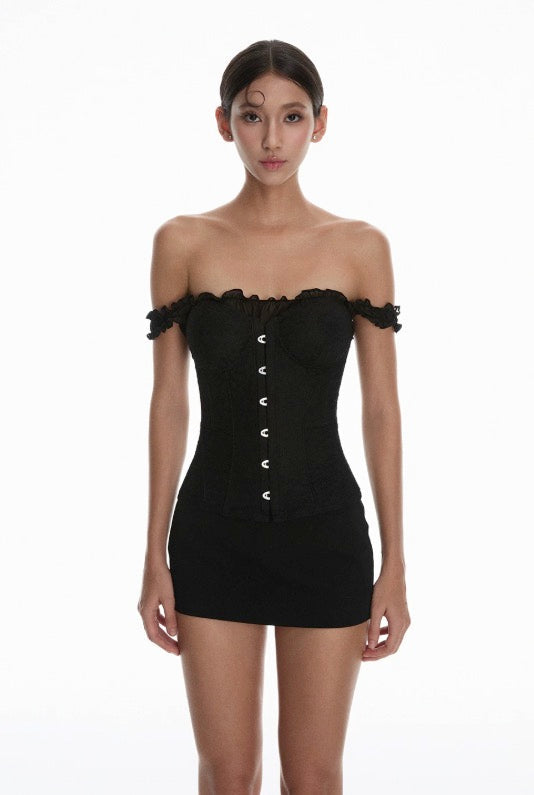 Black Off-Shoulder Buttoned Corset Top