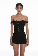 Black Off-Shoulder Buttoned Corset Top