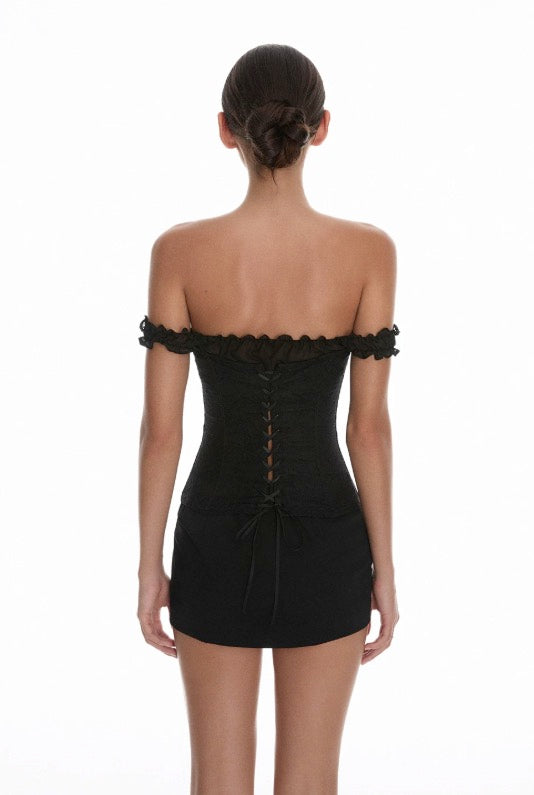 Black Off-Shoulder Buttoned Corset Top