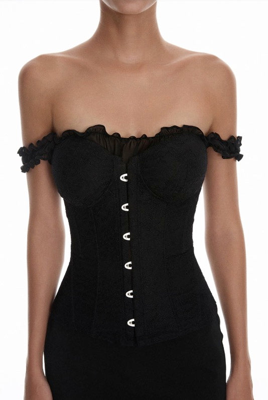 Black Off-Shoulder Buttoned Corset Top