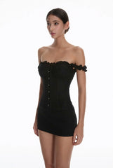 Black Off-Shoulder Buttoned Corset Top