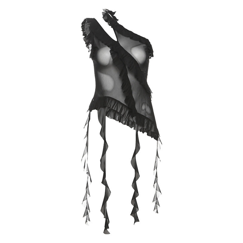 Black One Shoulder Jellyfish Ruffles Mesh Top