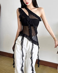 Black One Shoulder Jellyfish Ruffles Mesh Top