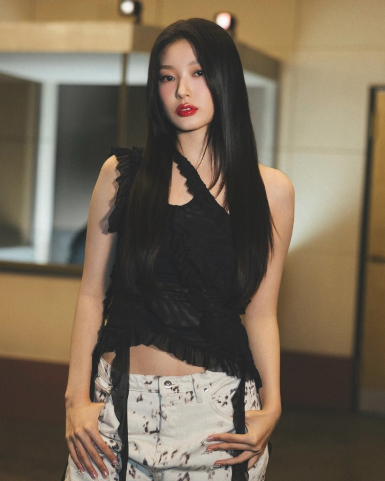 Black One Shoulder Jellyfish Ruffles Mesh Top