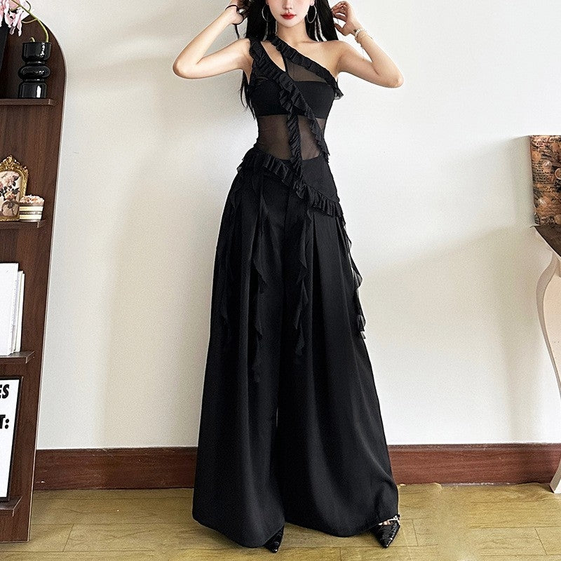 Black One Shoulder Jellyfish Ruffles Mesh Top