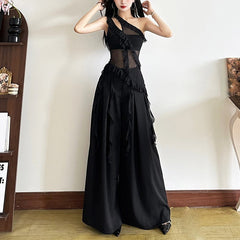 Black One Shoulder Jellyfish Ruffles Mesh Top