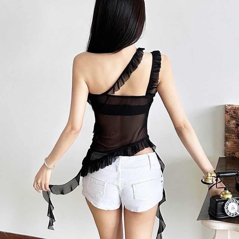 Black One Shoulder Jellyfish Ruffles Mesh Top