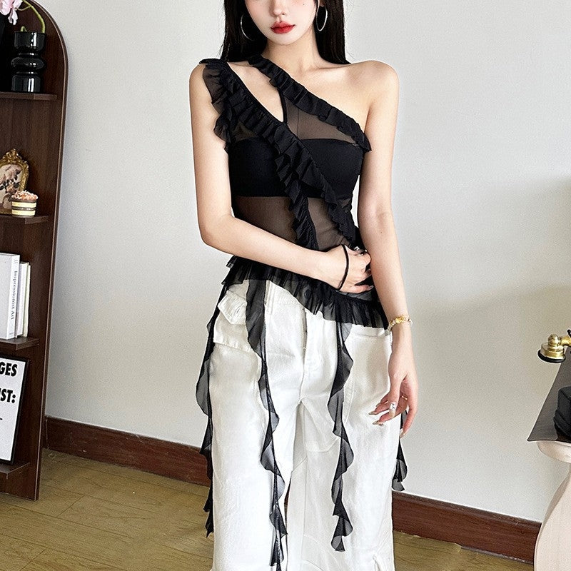 Black One Shoulder Jellyfish Ruffles Mesh Top