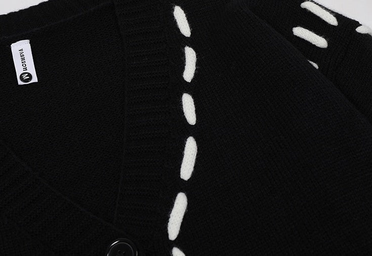 Black Outline Stitched Knit Cardigan