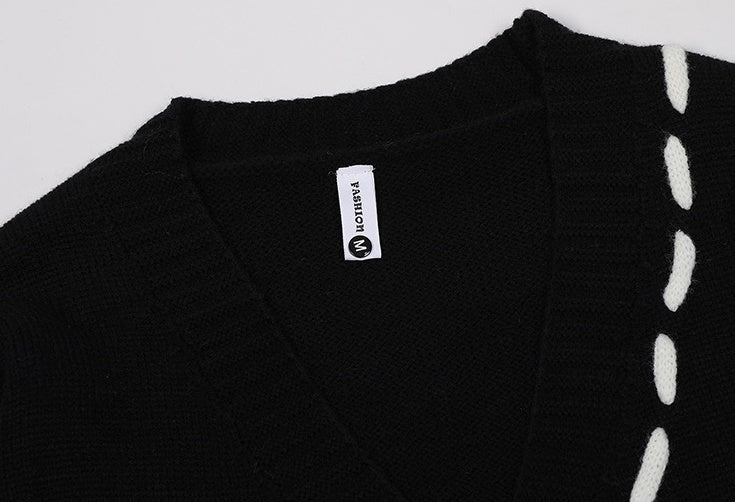 Black Outline Stitched Knit Cardigan