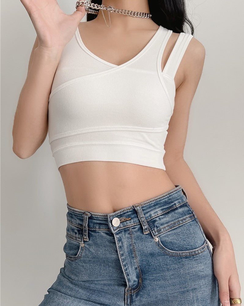 Black Overlapping Two-Piece Illusion Crop Top