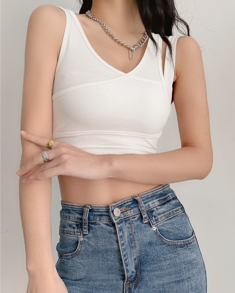 Black Overlapping Two-Piece Illusion Crop Top