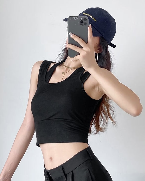 Black Overlay Strap Cropped Top