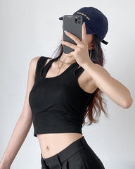 Black Overlay Strap Cropped Top