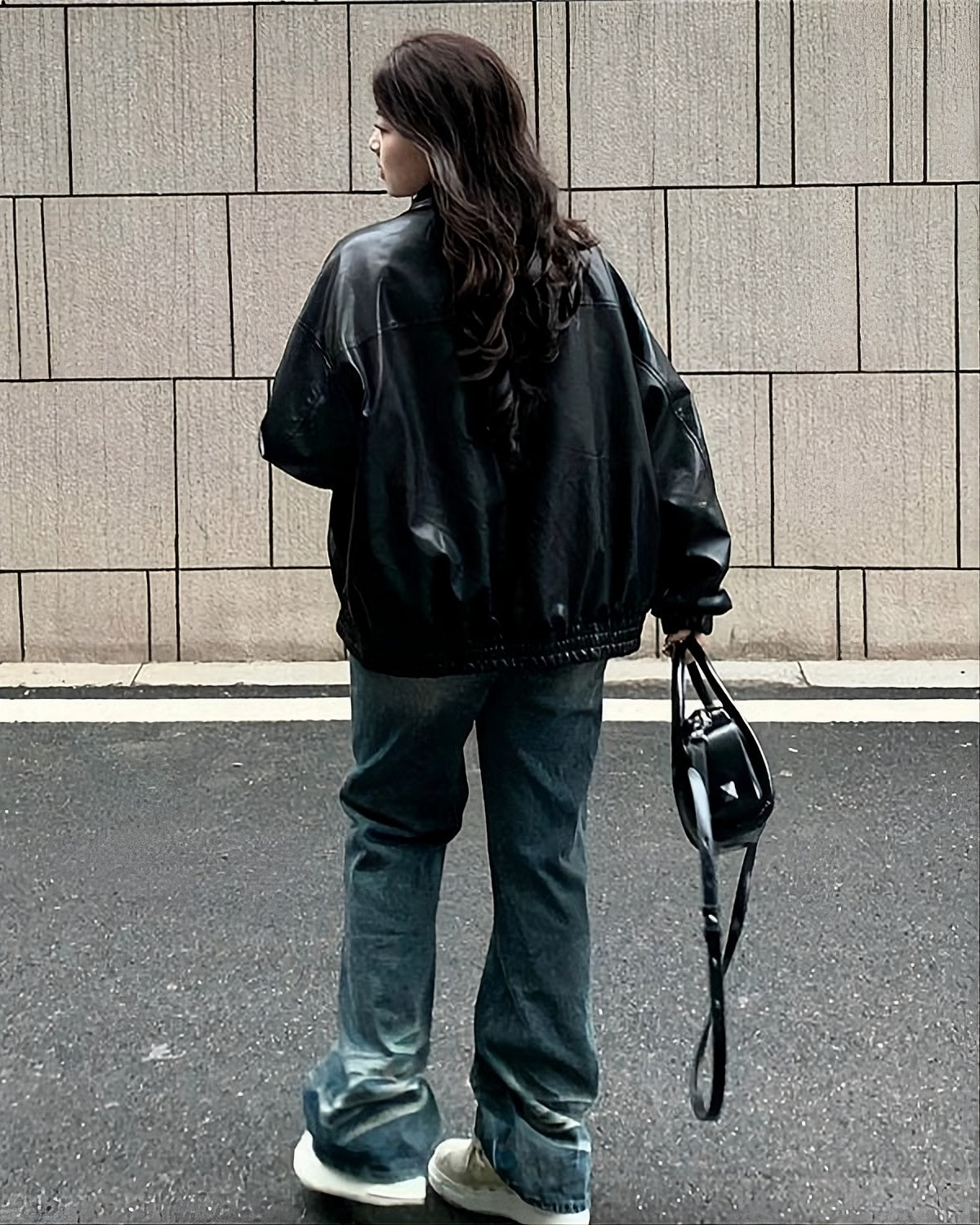 Black Oversized Collared Leather Jacket