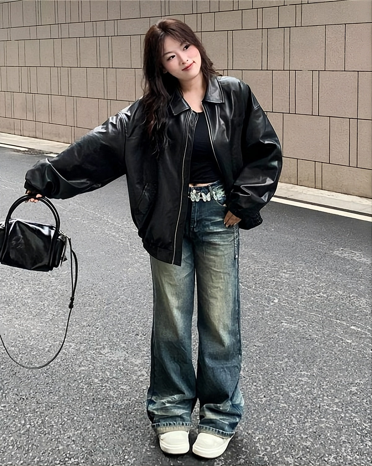 Black Oversized Collared Leather Jacket