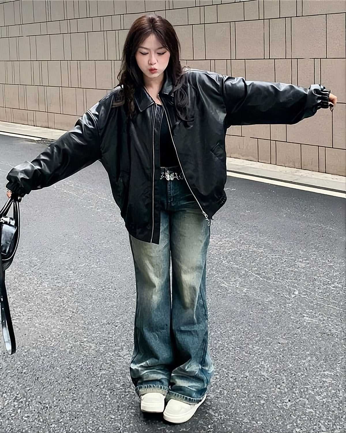 Black Oversized Collared Leather Jacket