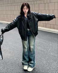 Black Oversized Collared Leather Jacket