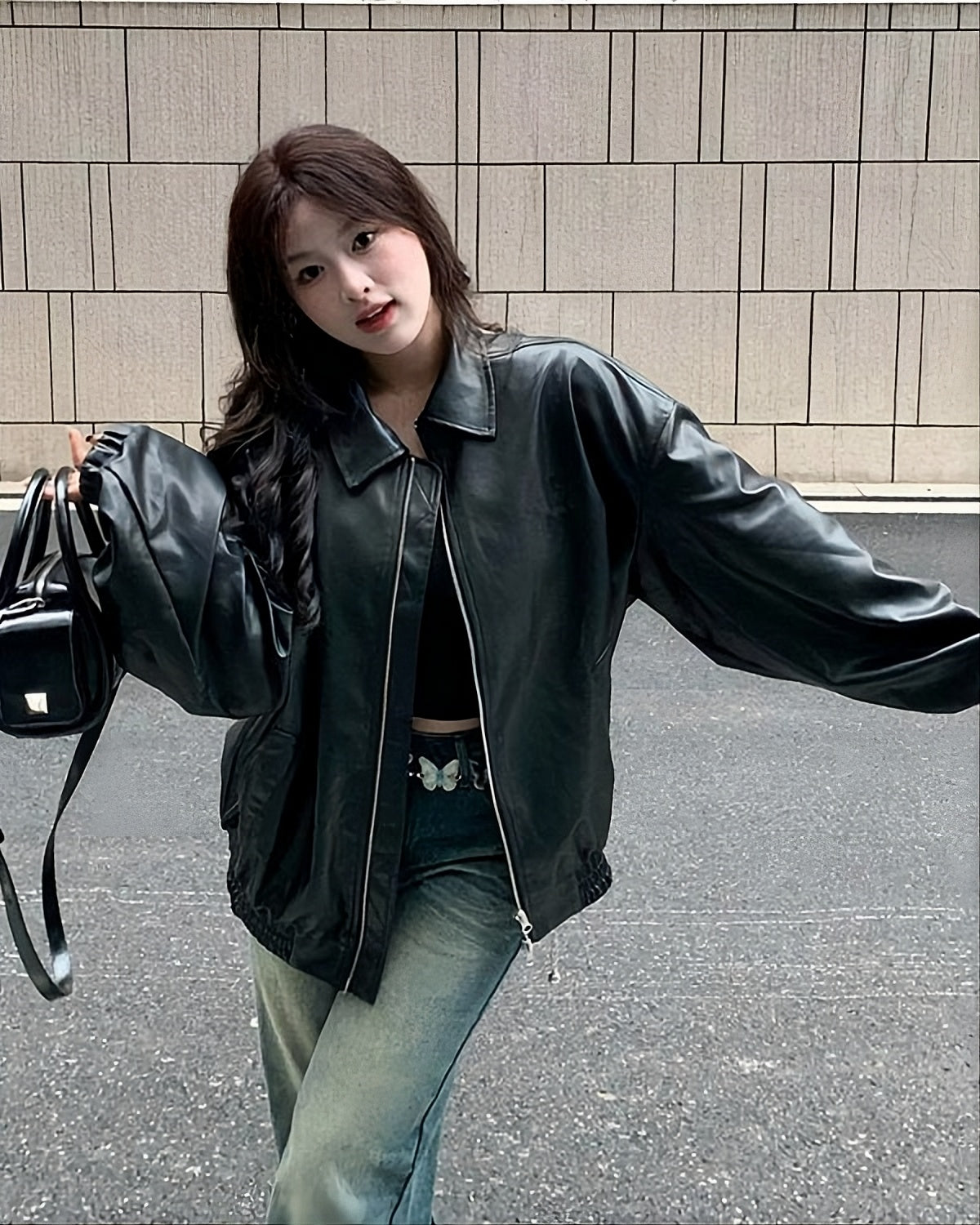Black Oversized Collared Leather Jacket