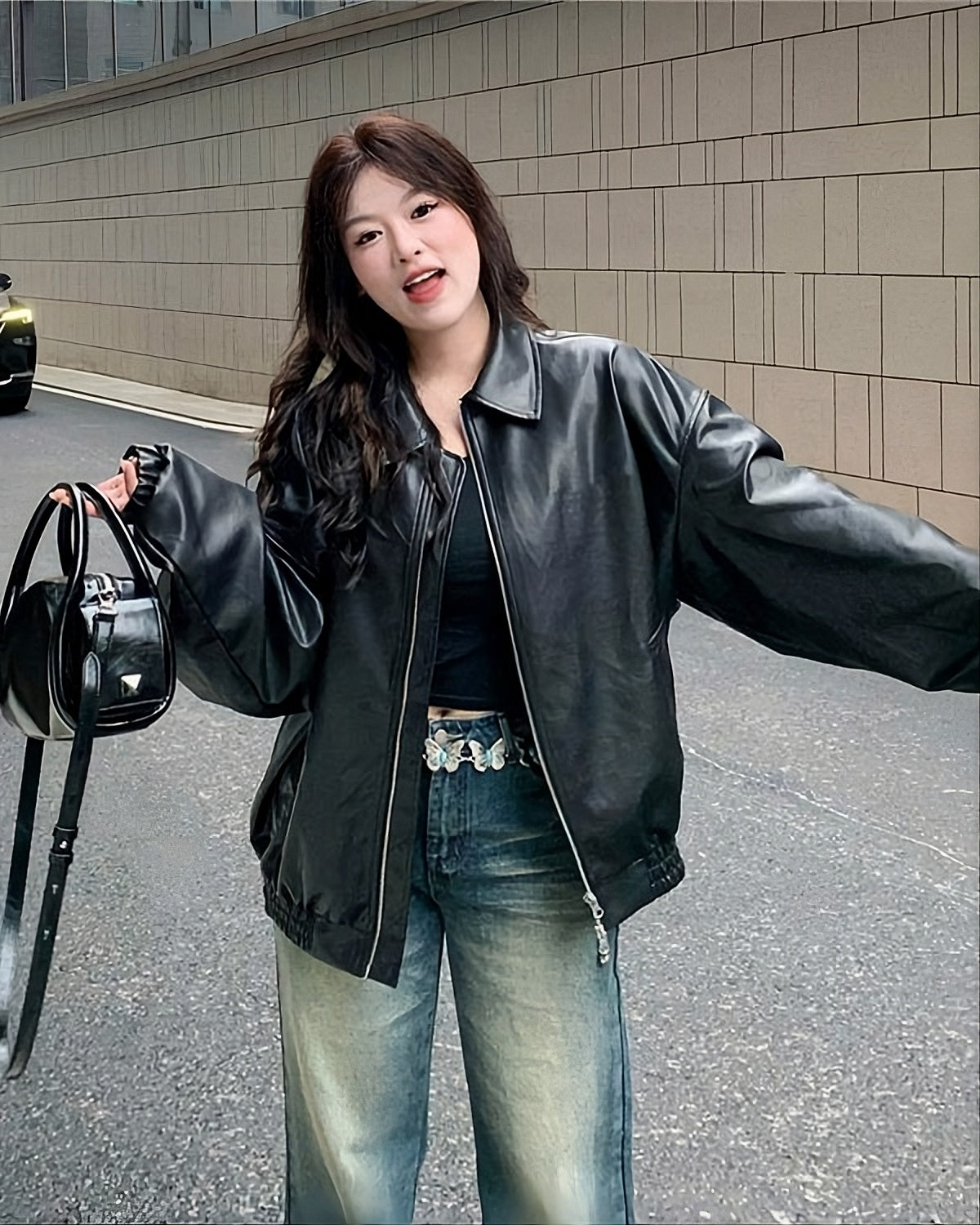 Black Oversized Collared Leather Jacket