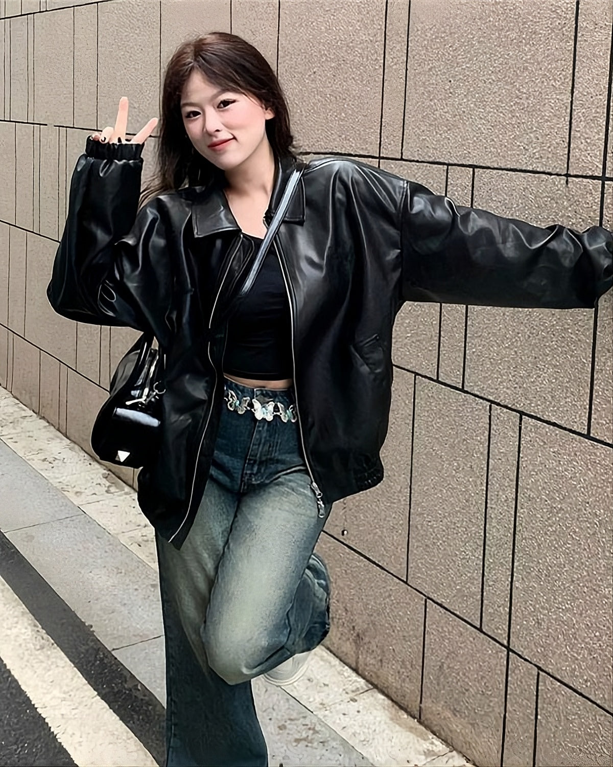 Black Oversized Collared Leather Jacket