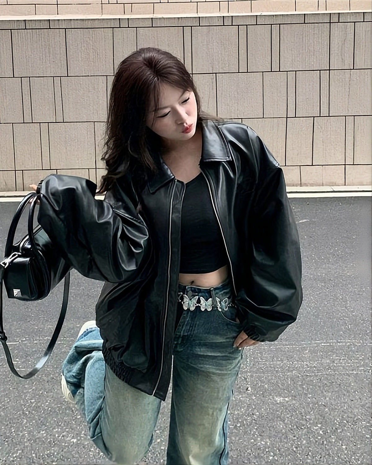 Black Oversized Collared Leather Jacket