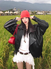 Black Oversized Faux Leather Biker Jacket